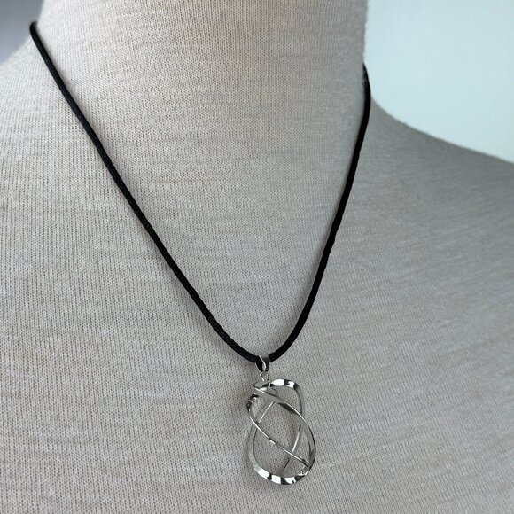 Silver Tone Spiral Pendant Necklace Black Cord - Picture 1 of 5